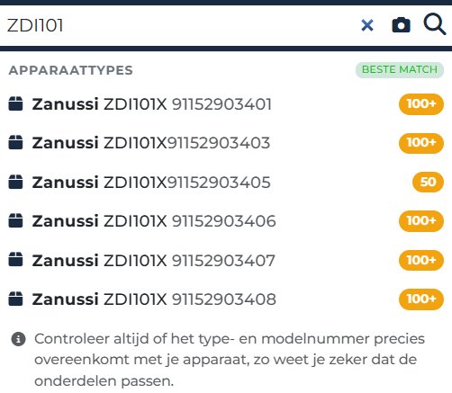 filtertool voor typenummer